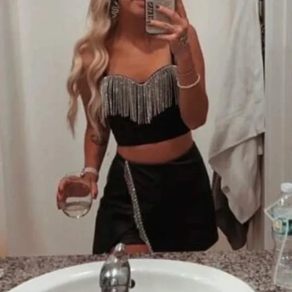 Faux leather mini skirt shorts - skort,  rhinestone embellished fringe trim NWT - Picture 6 of 8